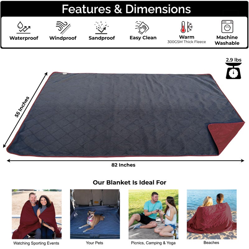 BRAWNTIDE Large Outdoor Waterproof Blanket - Quilted, Extra Thick Fleece, Warm, Windproof, Ideal Stadium Blanket, Camping Blanket, Great for Beaches, Festivals, Parks, Grass, Yoga, Pets, Dogs (Wine) - Image 2